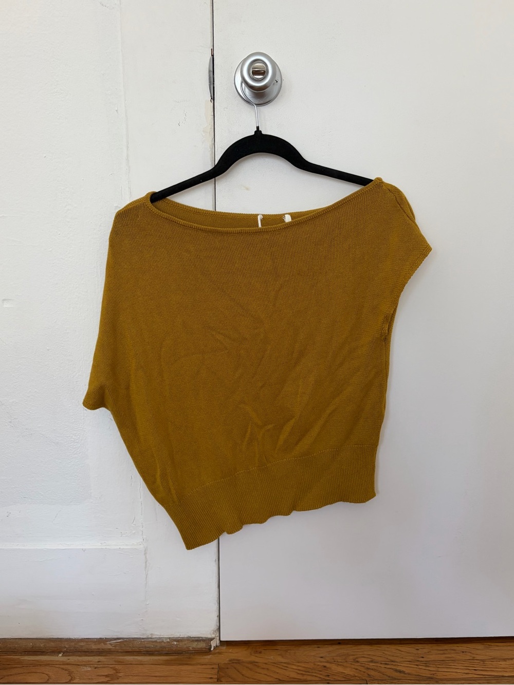 Mustard yellow asymmetrical off the shoulder knit top